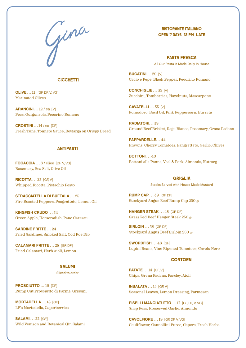 Menu, Gina