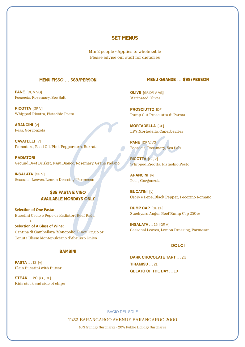 Menu, Gina
