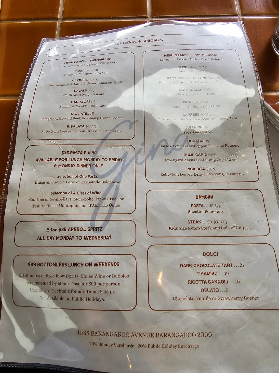 Menu, Gina