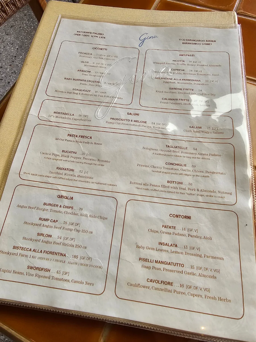 Menu, Gina