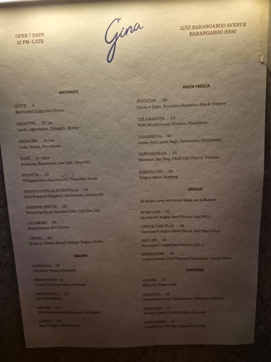 Menu, Gina