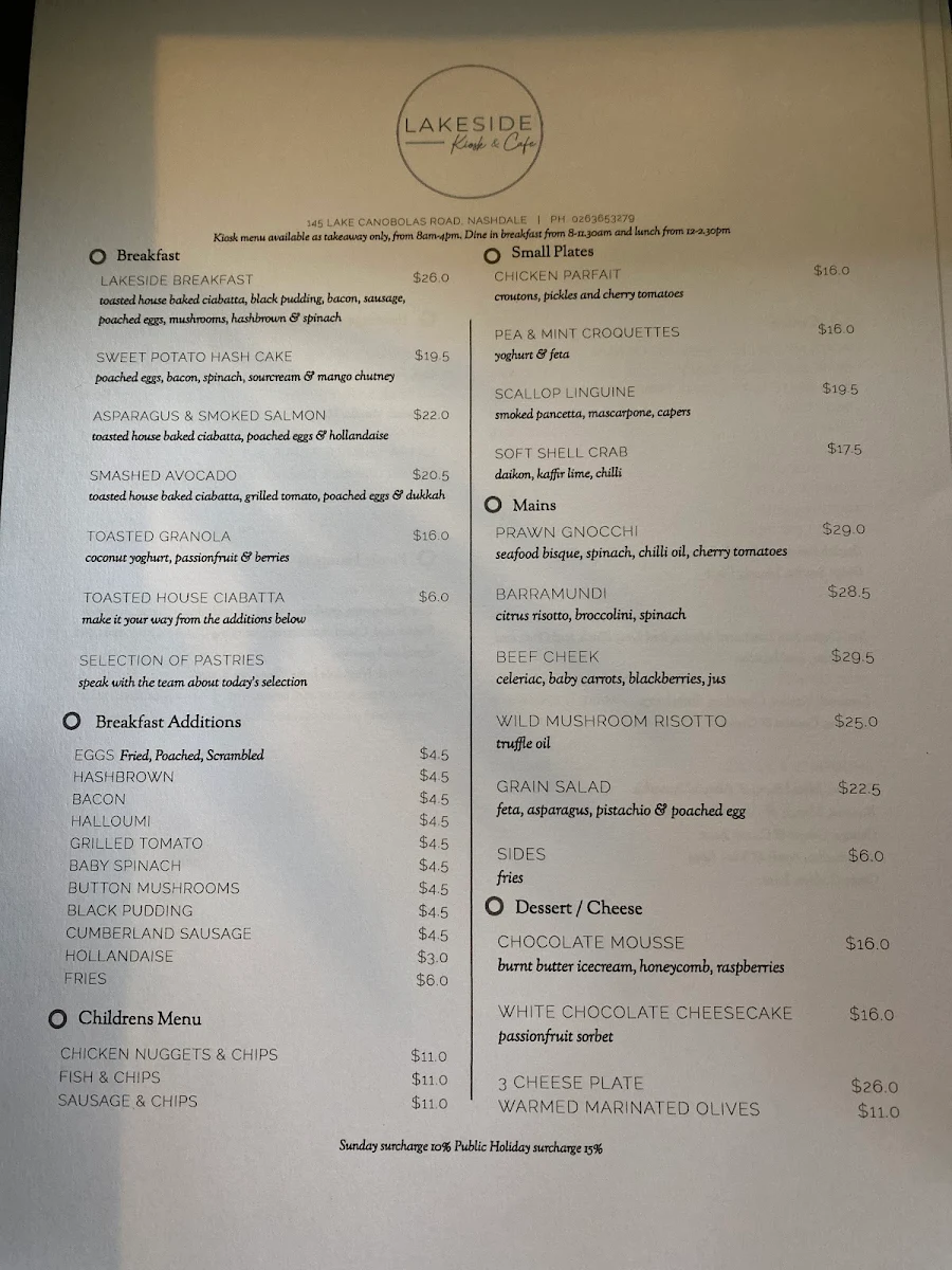 Menu, Lakeside Kiosk & Cafe
