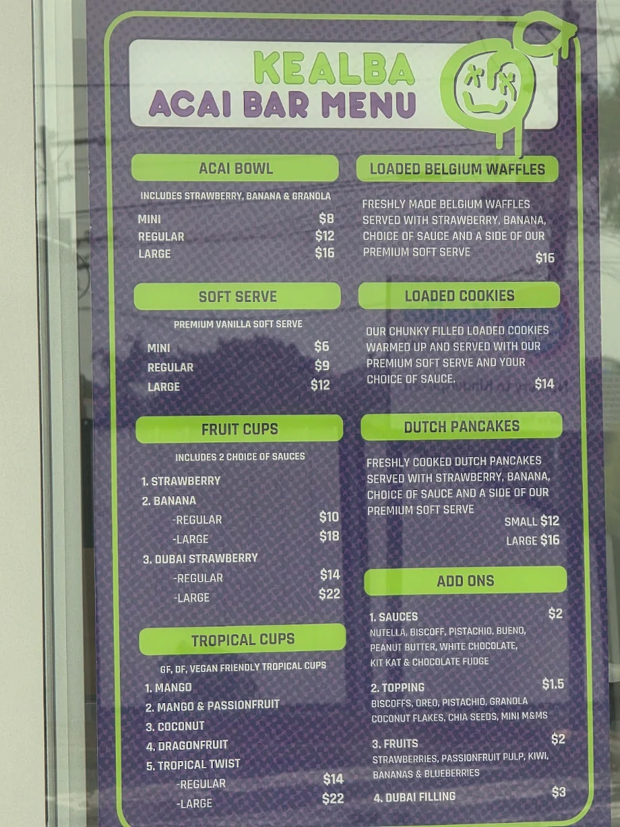 Menu, Kealba Cafe & Açai Bar