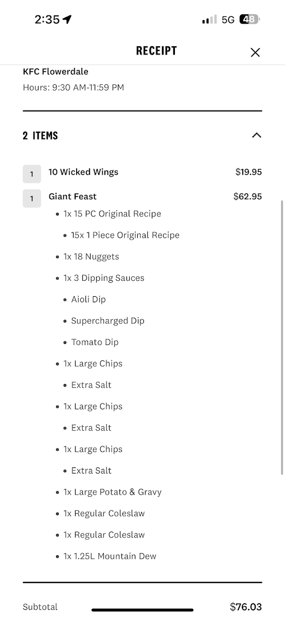 Menu, KFC Flowerdale