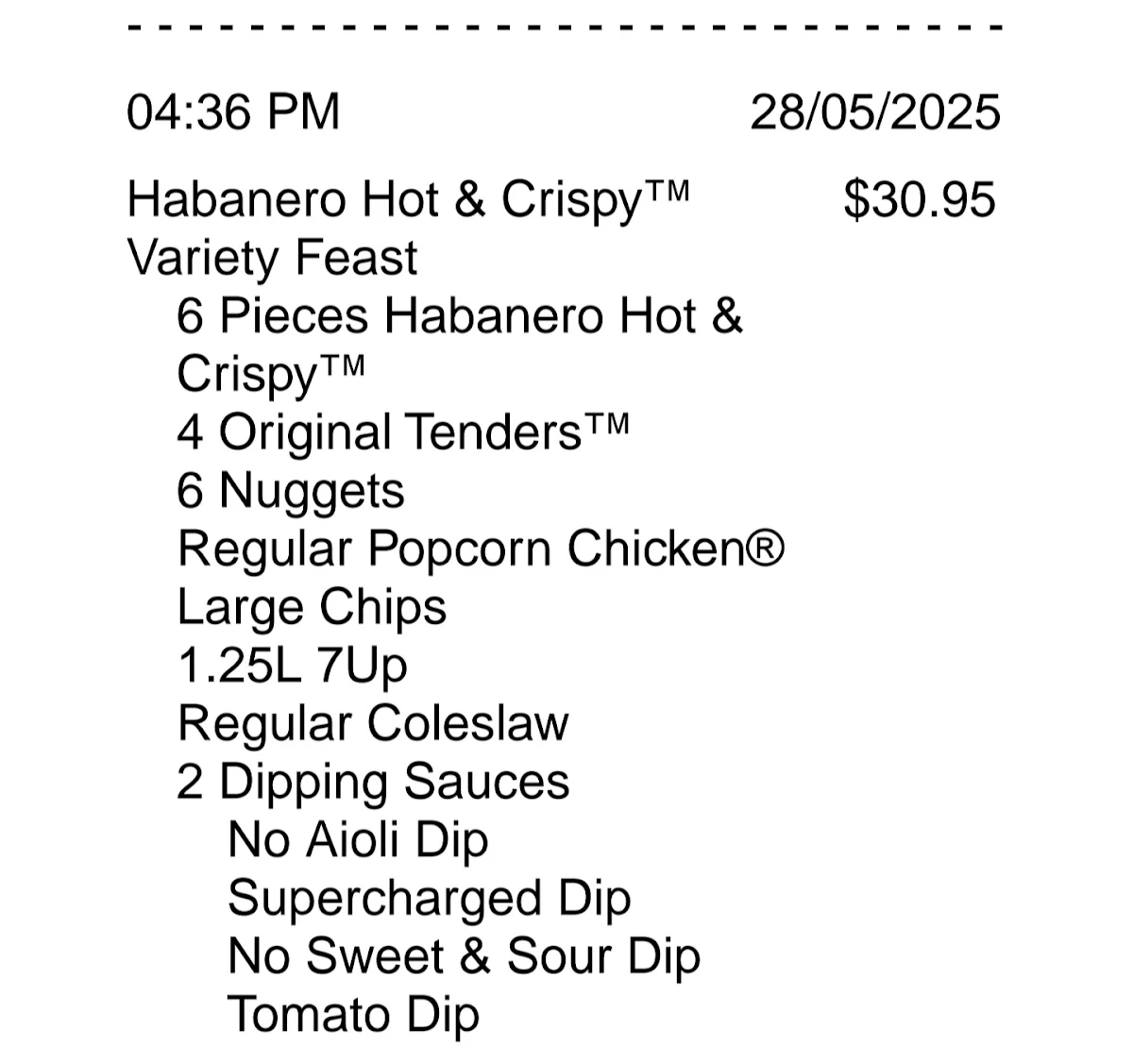 Menu, KFC Flowerdale