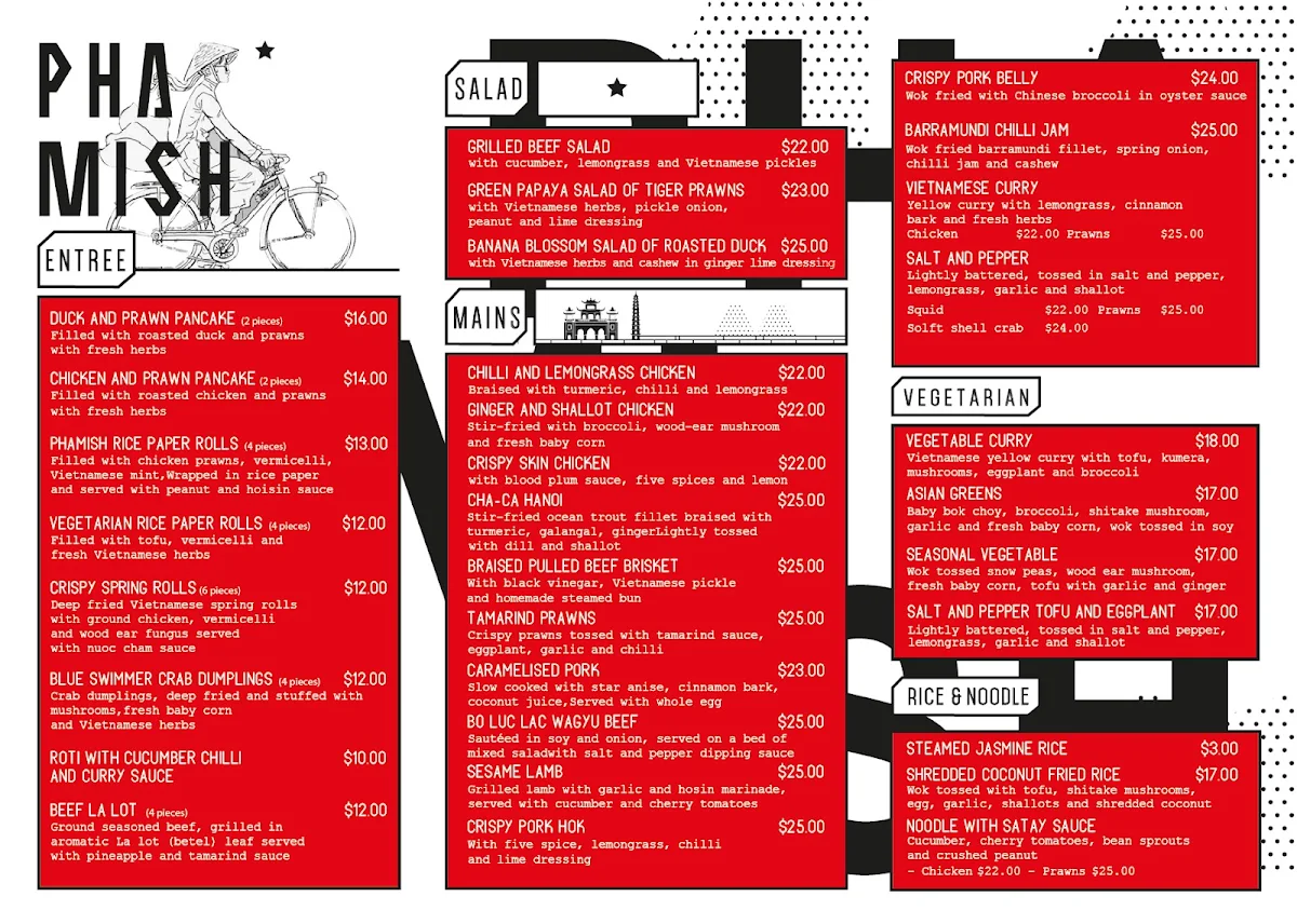 Menu, Phamish Vietnamese Restaurant