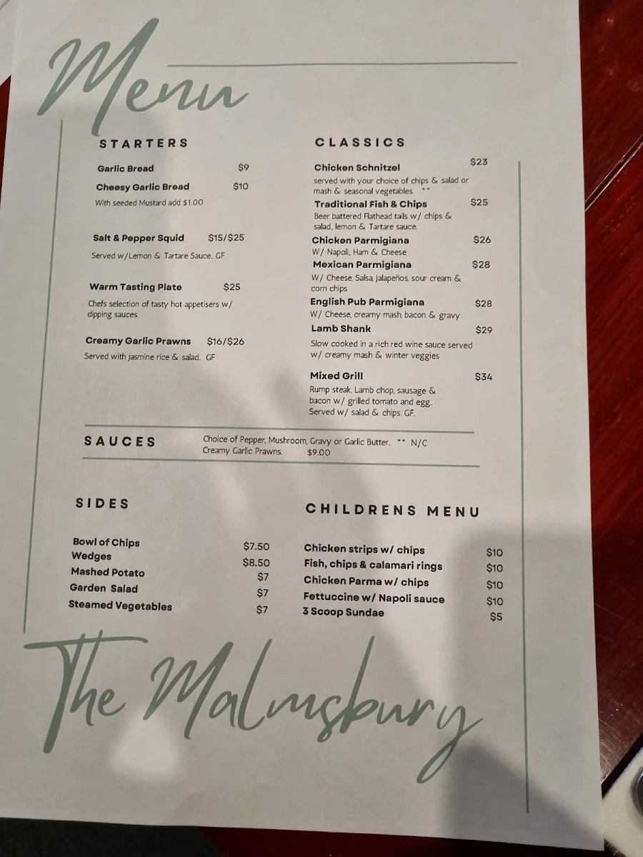 Menu, Malmsbury Hotel Motel Pub