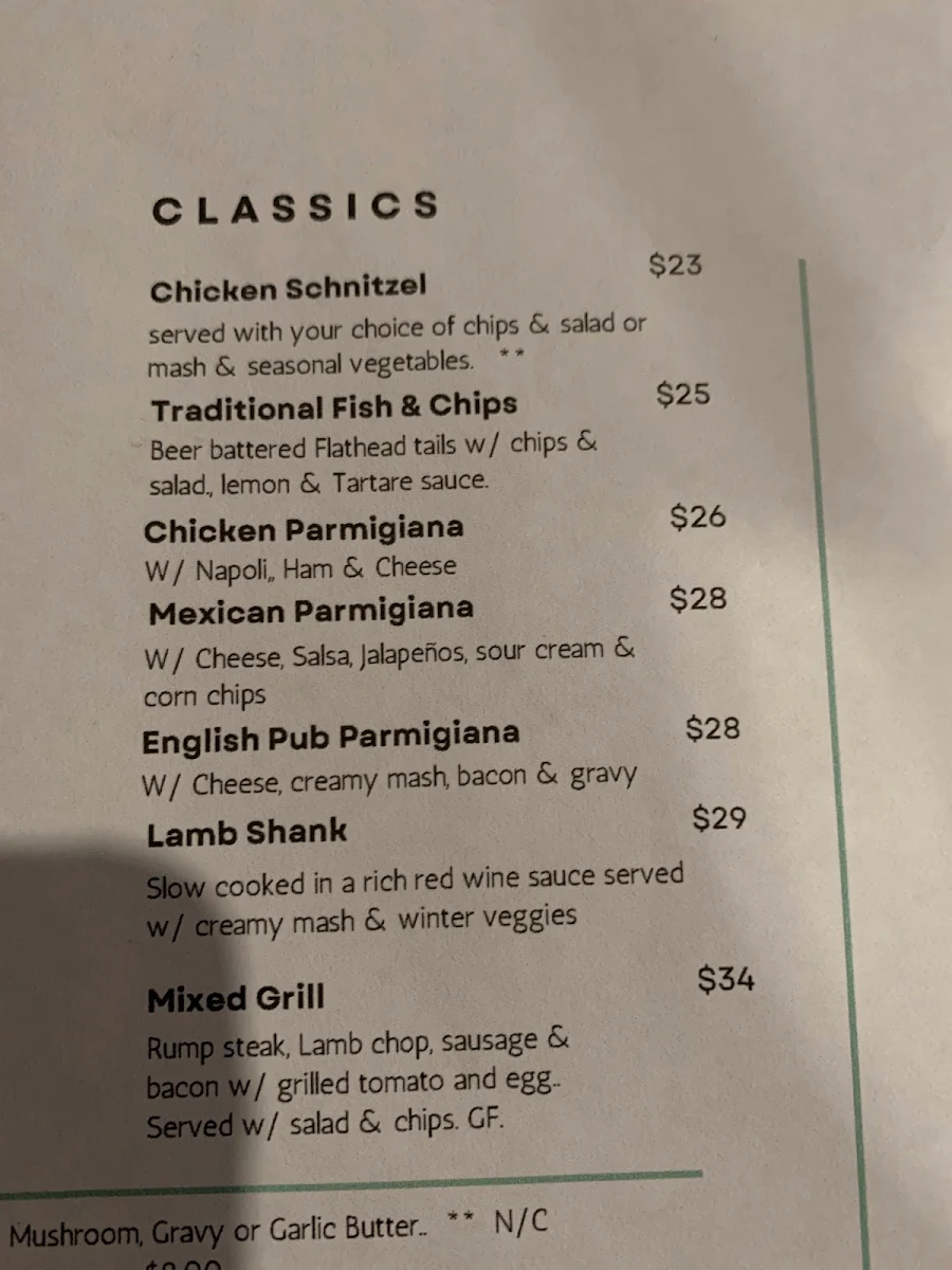 Menu, Malmsbury Hotel Motel Pub