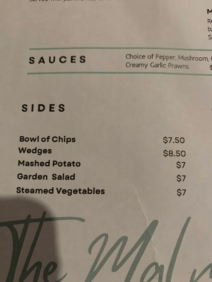 Menu, Malmsbury Hotel Motel Pub