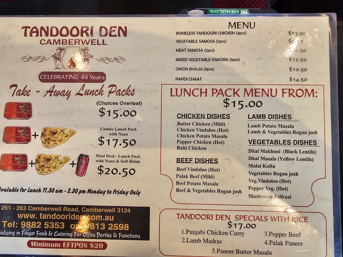 Menu, Tandoori Den