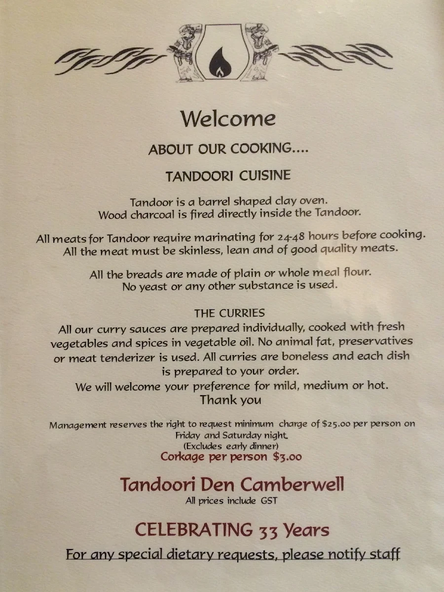 Menu, Tandoori Den