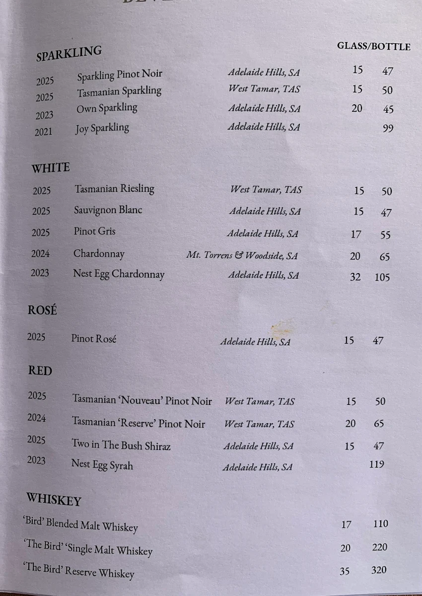 Menu, Bird In Hand Restaurant