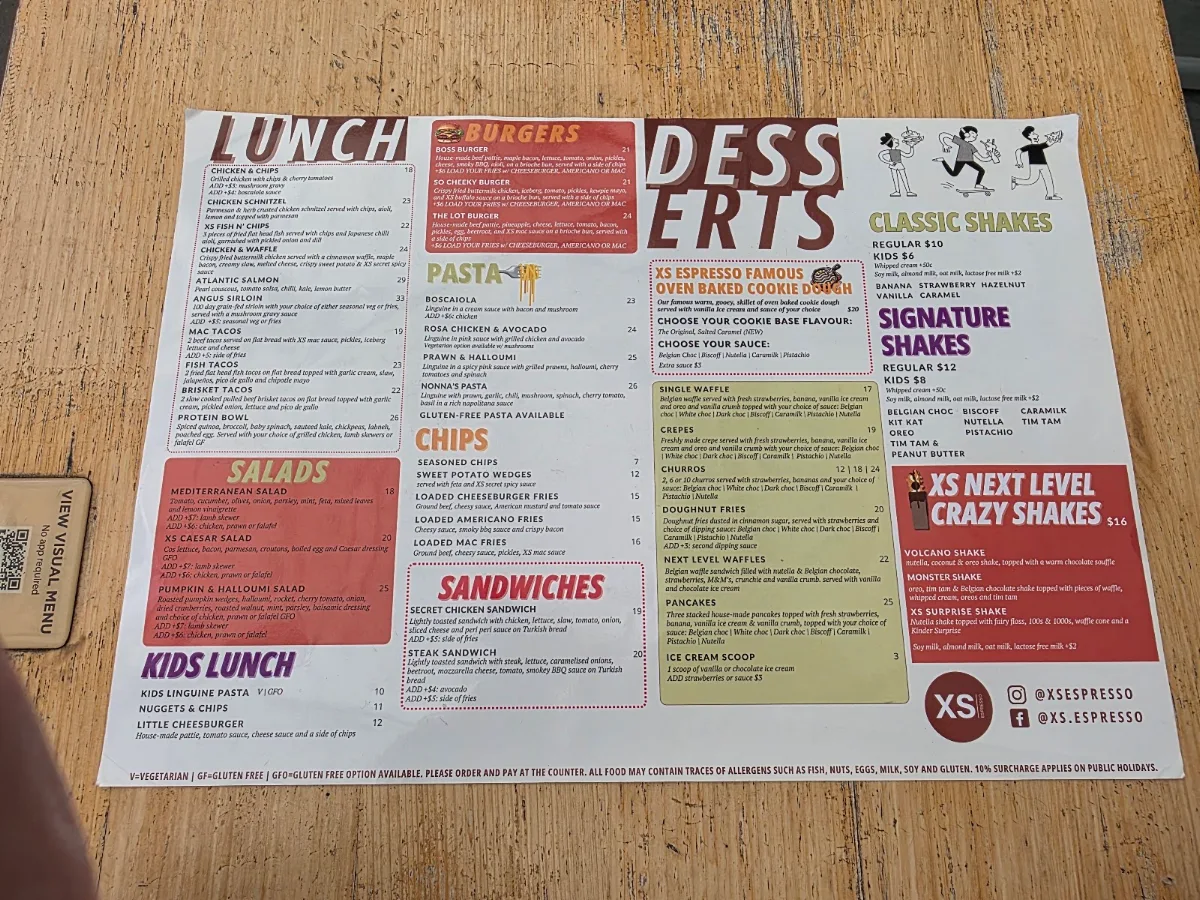 Menu, XS Espresso Minchinbury