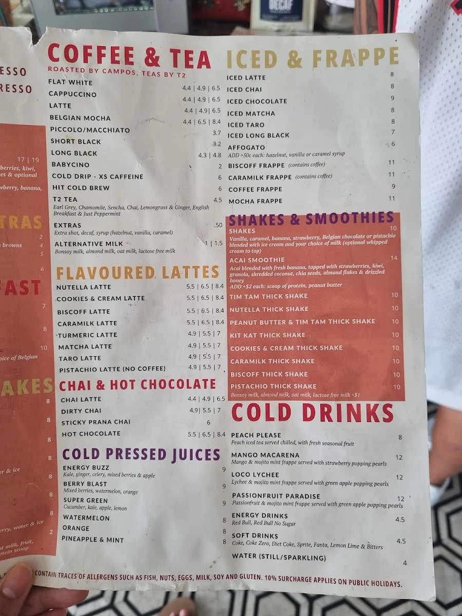 Menu, XS Espresso Minchinbury