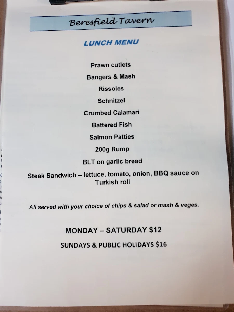 Menu, Beresfield Tavern