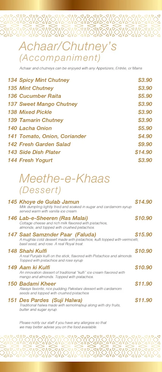 Menu, Lal Qila Dural