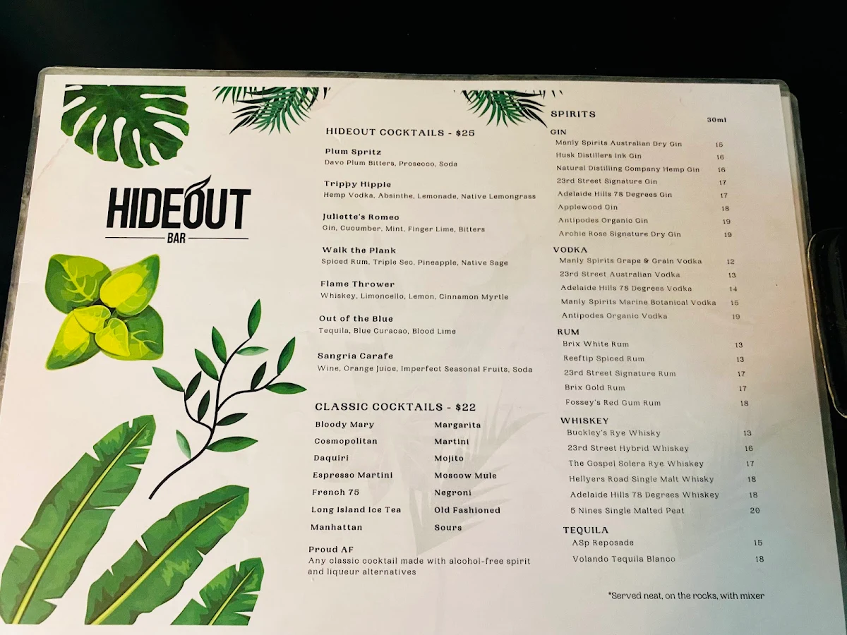 Menu, Hideout Bar - Neutral Bay Cocktail Bar