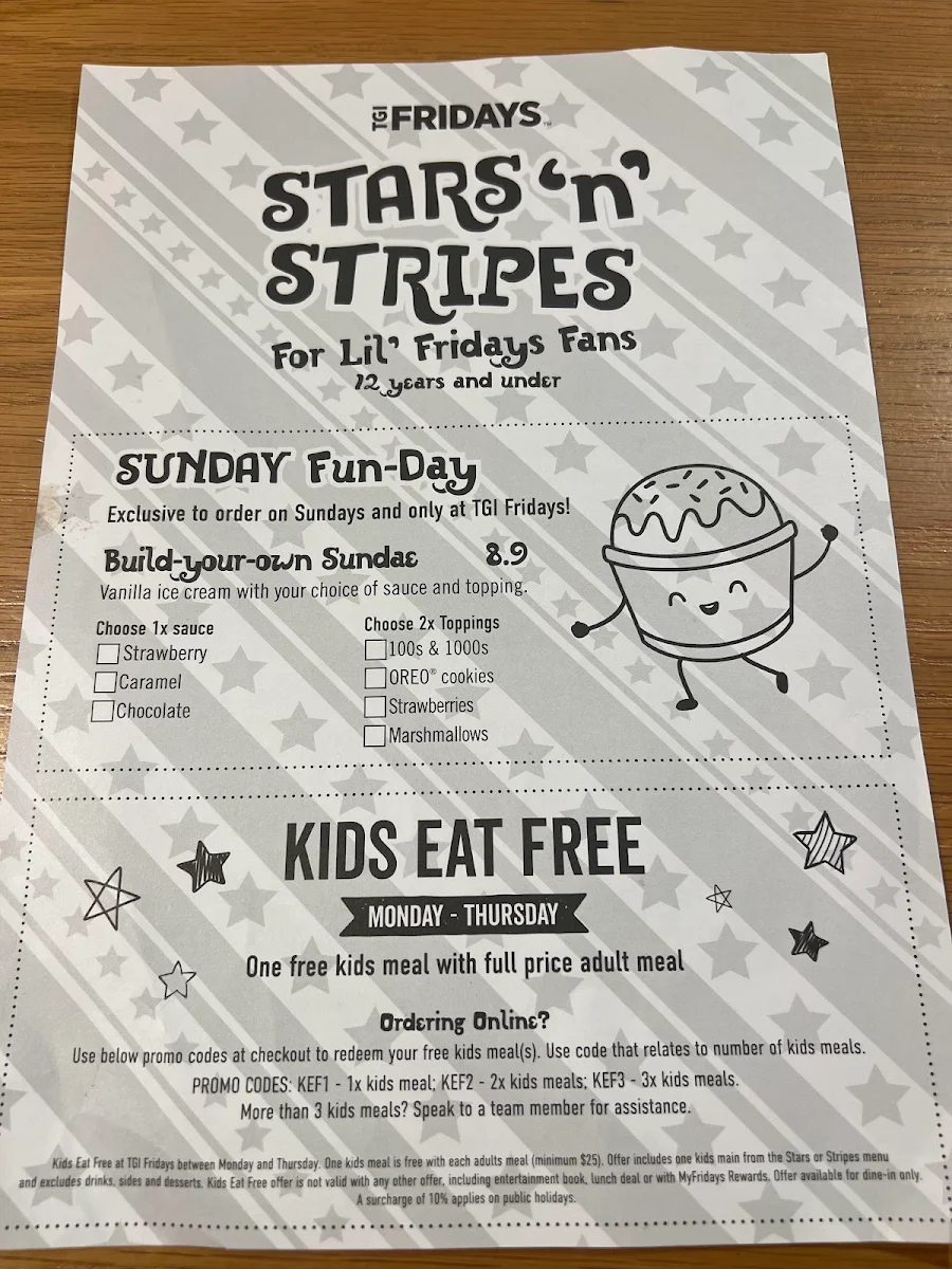 Menu, TGI Fridays Robina