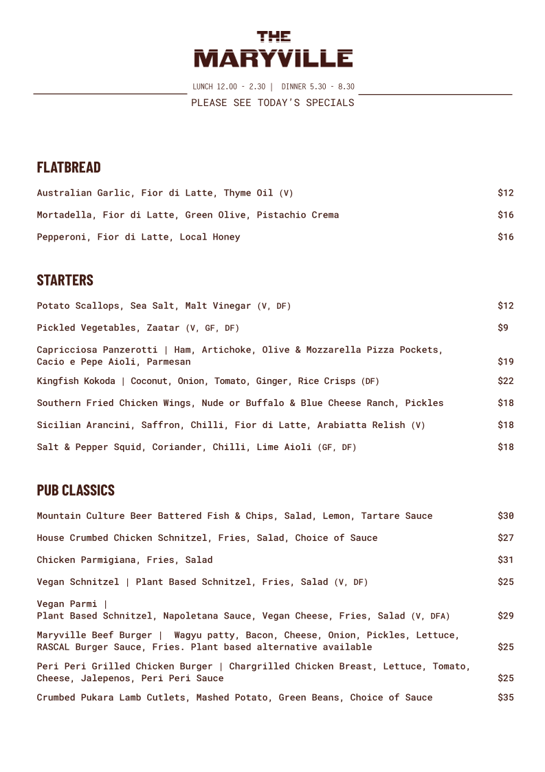 Menu, The Maryville Tavern