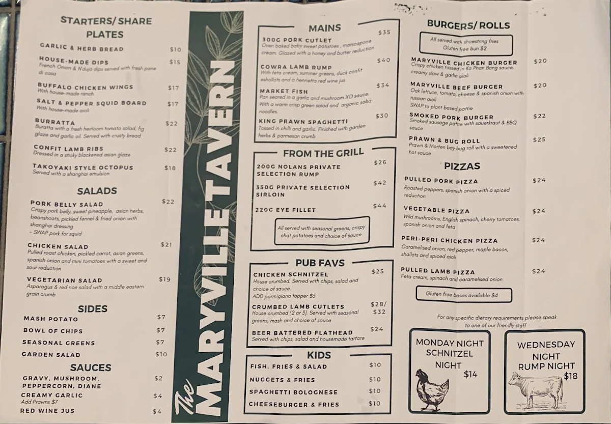 Menu, The Maryville Tavern