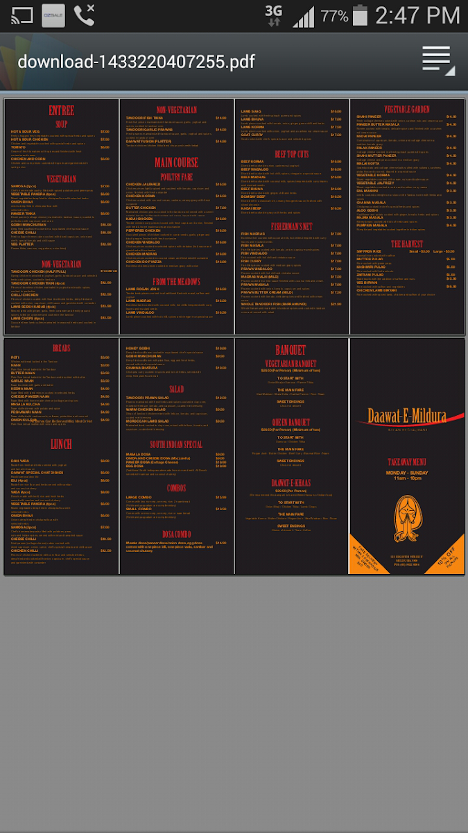 Menu, Daawat-E-Mildura Indian Restaurant