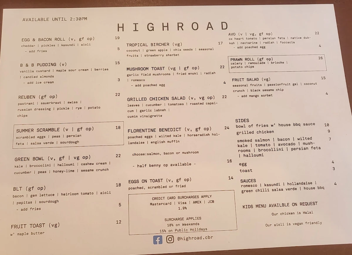 Menu, Highroad