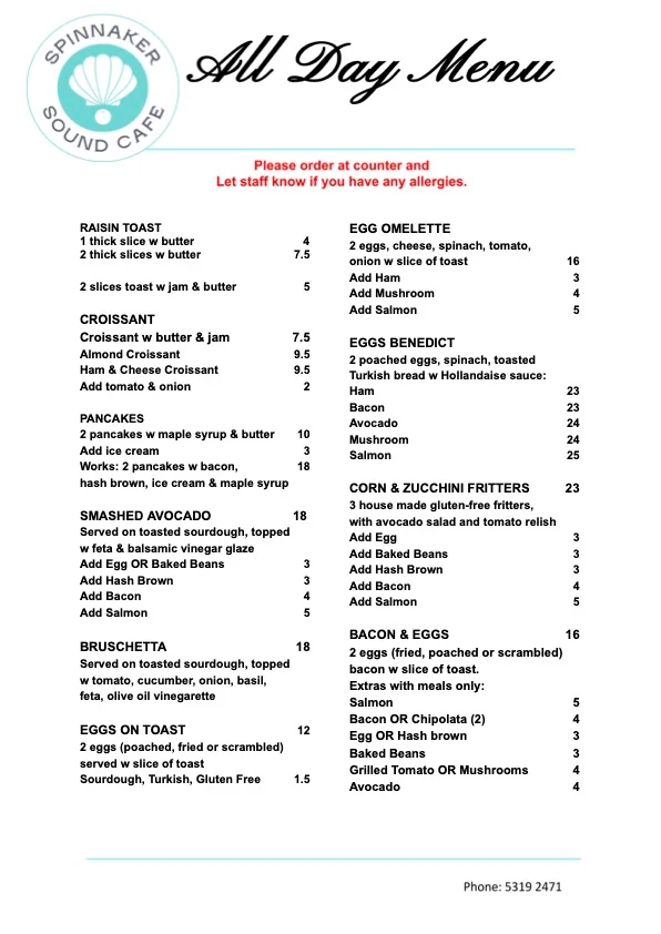 Menu, Spinnaker Sound Cafe