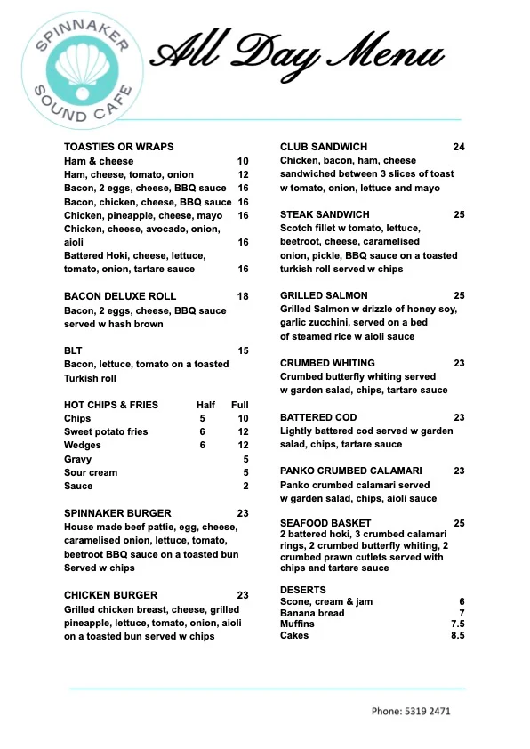 Menu, Spinnaker Sound Cafe
