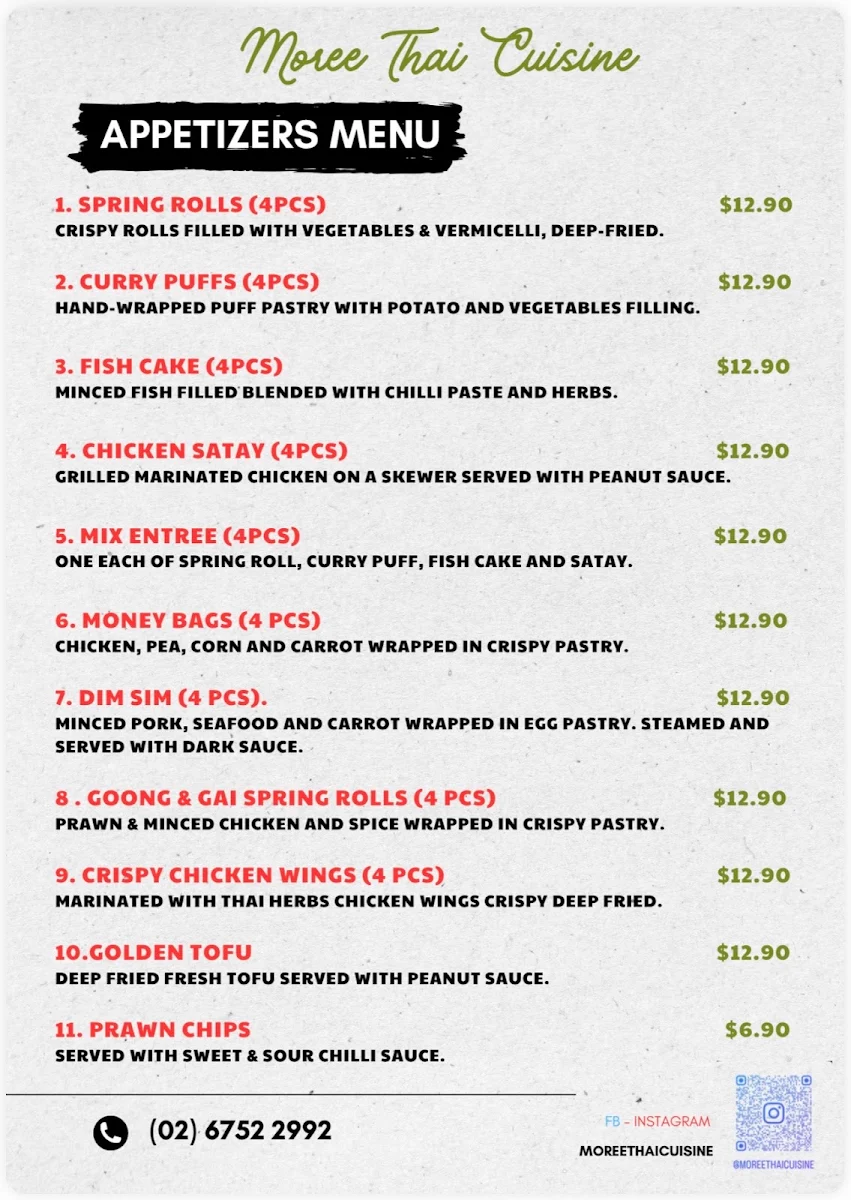 Menu, Moree Thai Cuisine