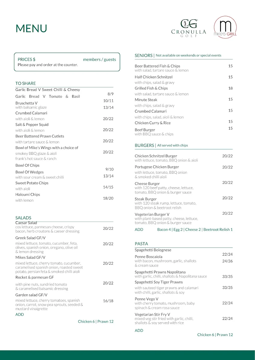 Menu, Mike's Grill @ Cronulla Golf