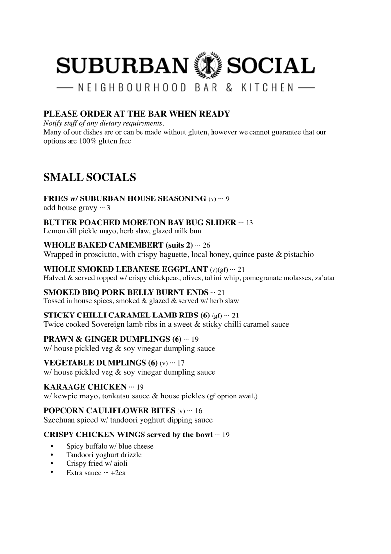 Menu, Suburban Social Chapel Hill