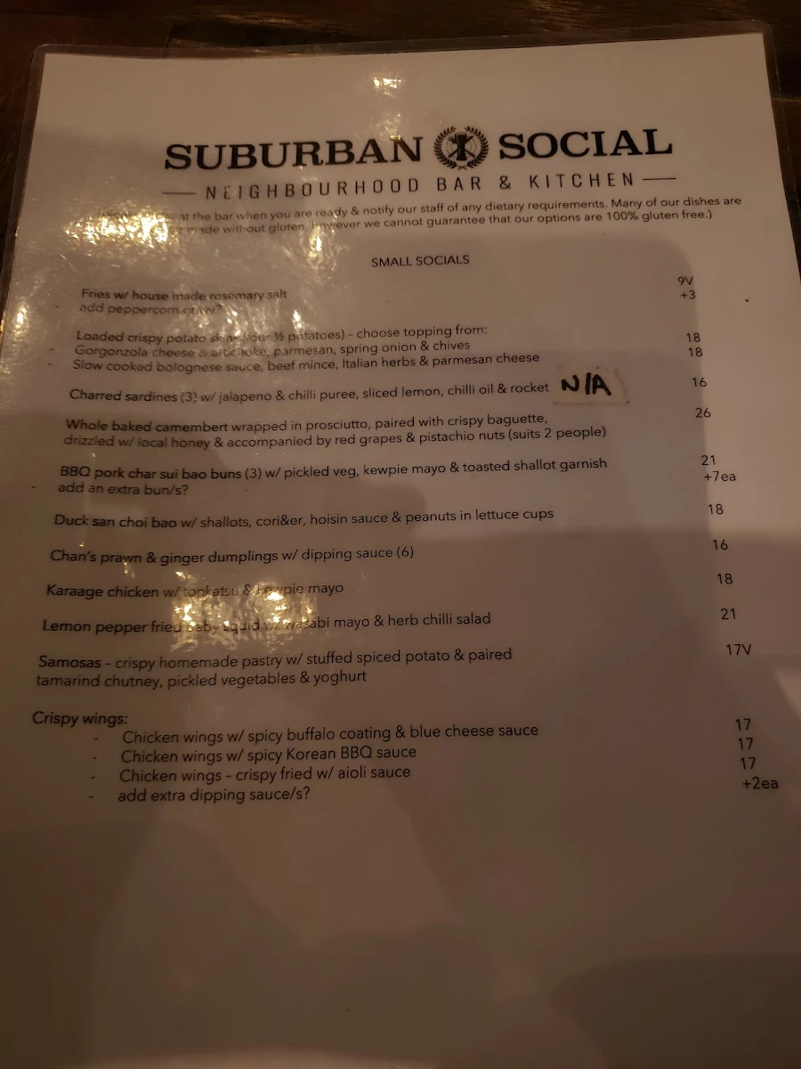Menu, Suburban Social Chapel Hill