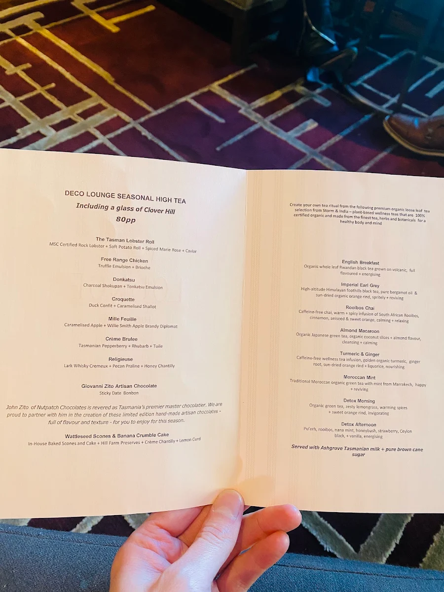 Menu, Deco Lounge at The Tasman