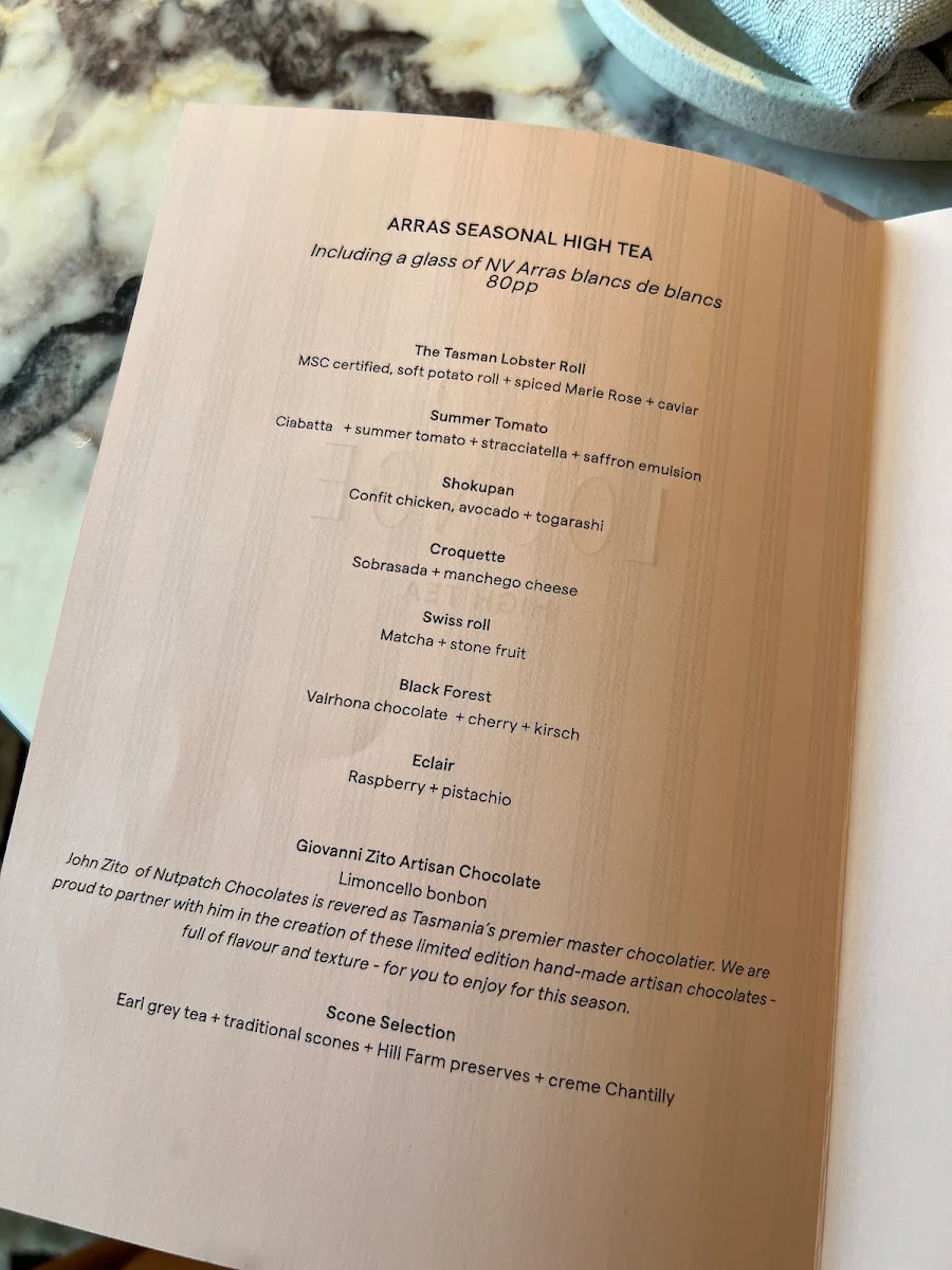 Menu, Deco Lounge at The Tasman