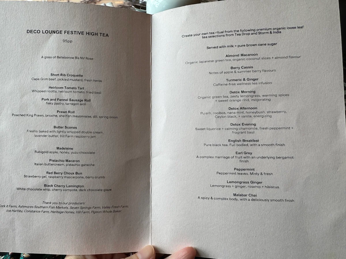 Menu, Deco Lounge at The Tasman
