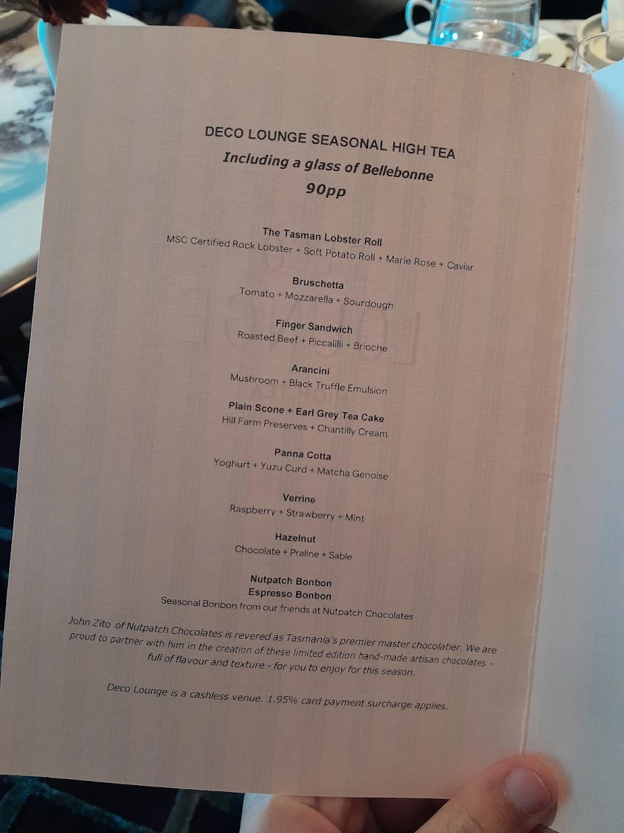 Menu, Deco Lounge at The Tasman