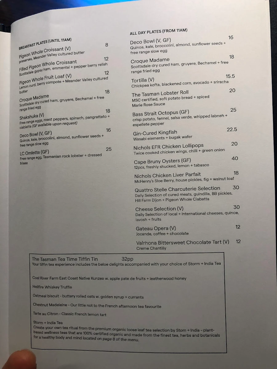 Menu, Deco Lounge at The Tasman