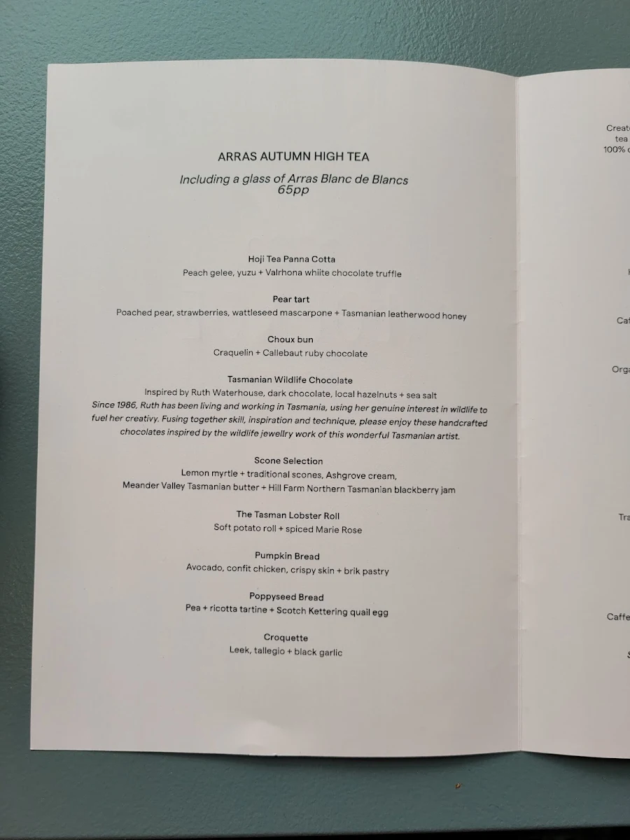 Menu, Deco Lounge at The Tasman