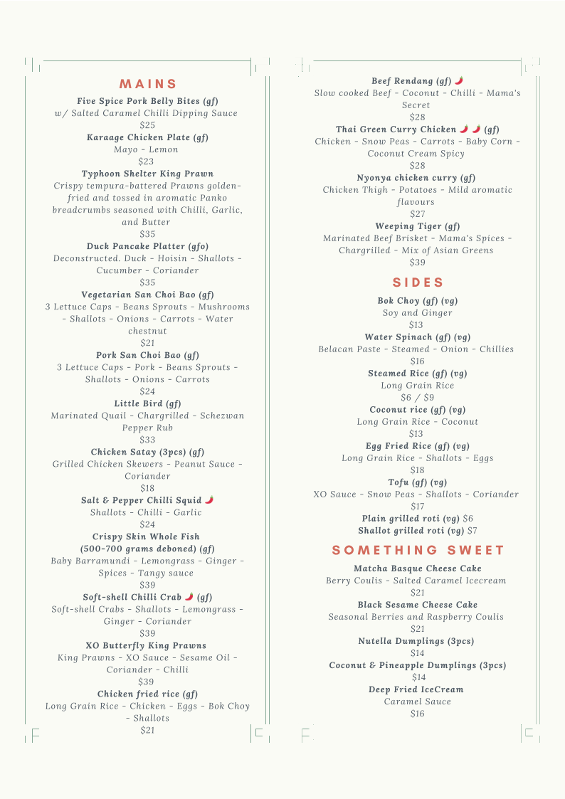 Menu, Tiger Mama