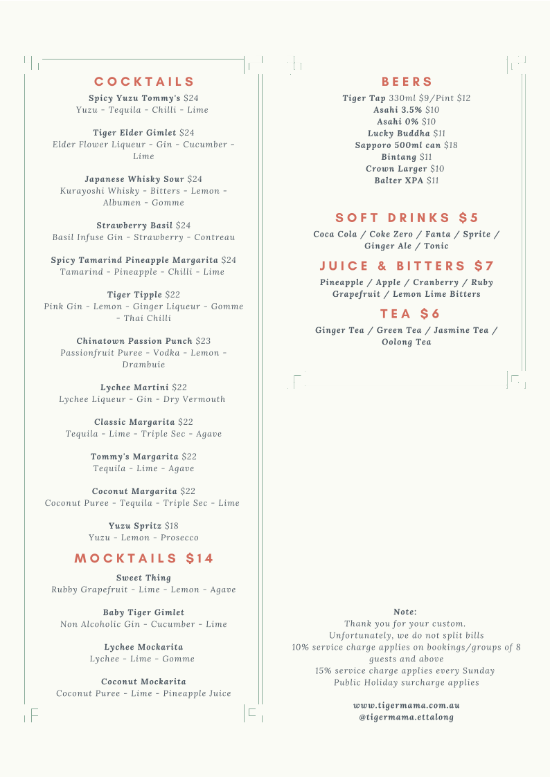 Menu, Tiger Mama