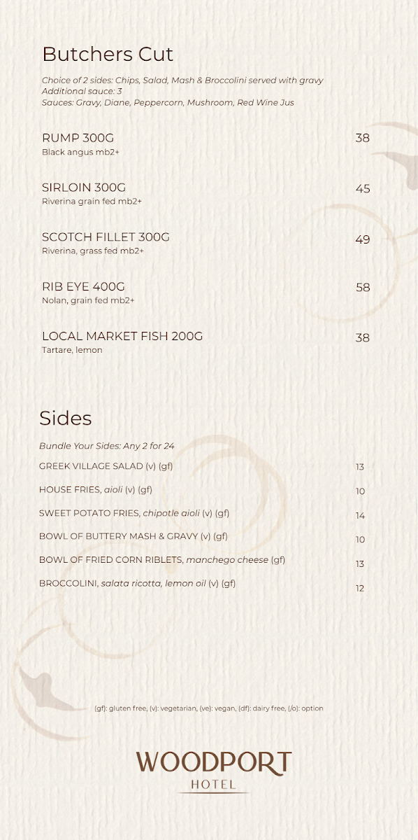 Menu, Woodport Hotel