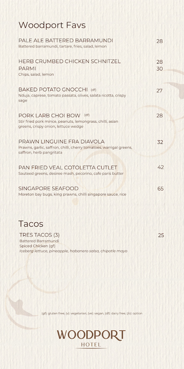 Menu, Woodport Hotel