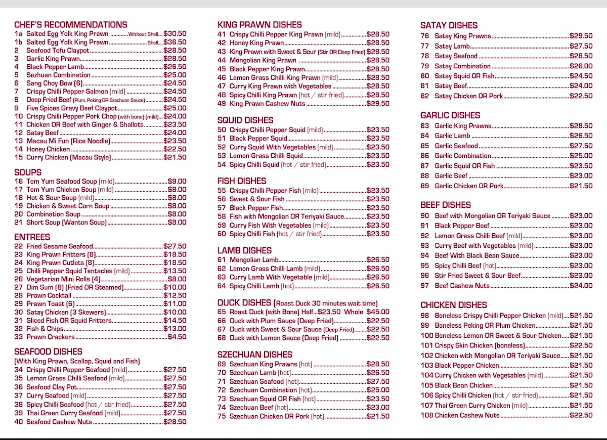 Menu, Macau Cuisine