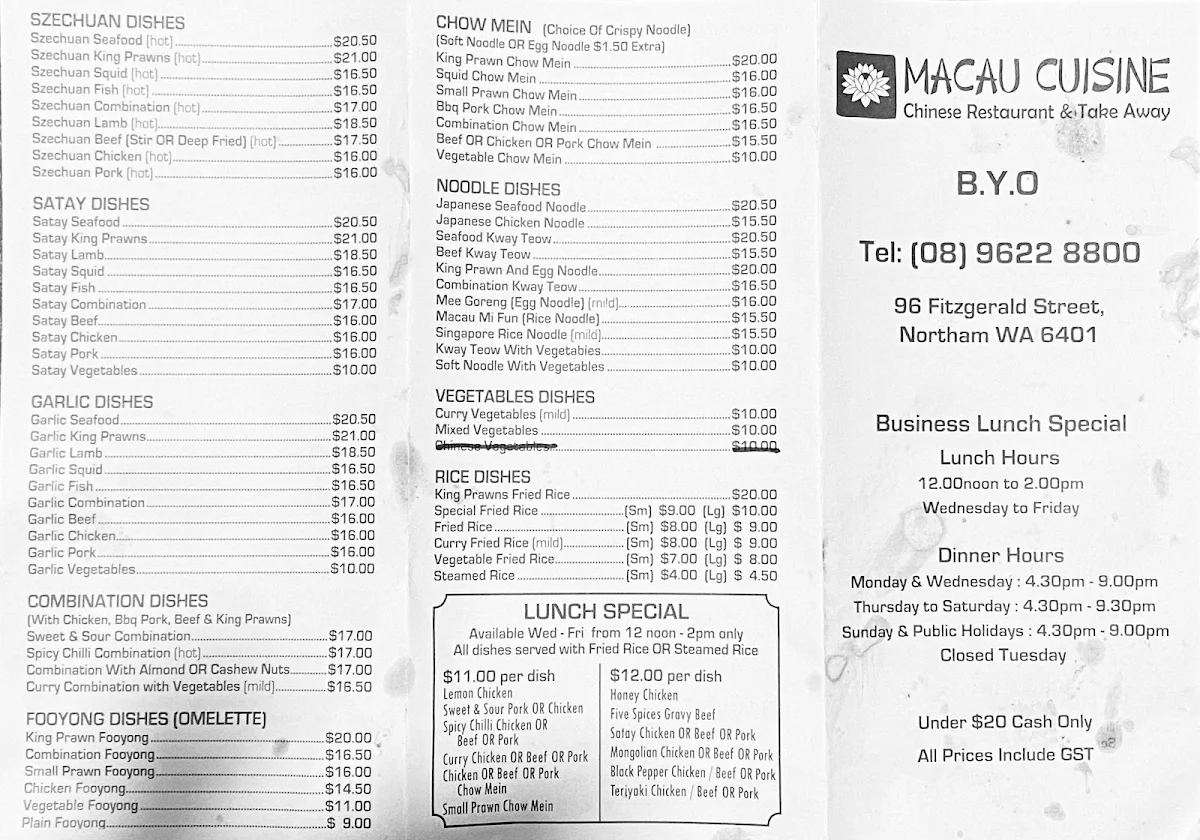 Menu, Macau Cuisine