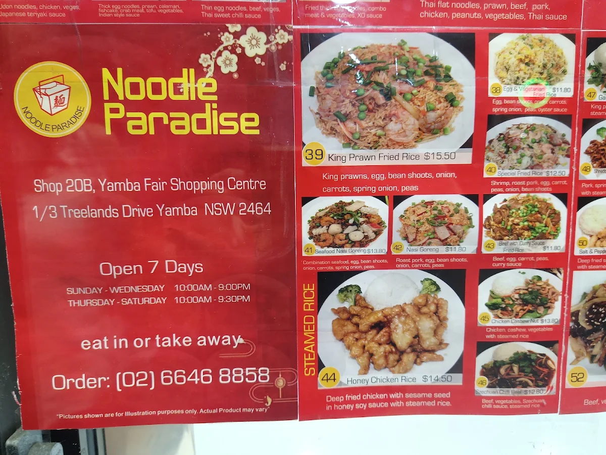 Menu, Noodle Paradise Yamba