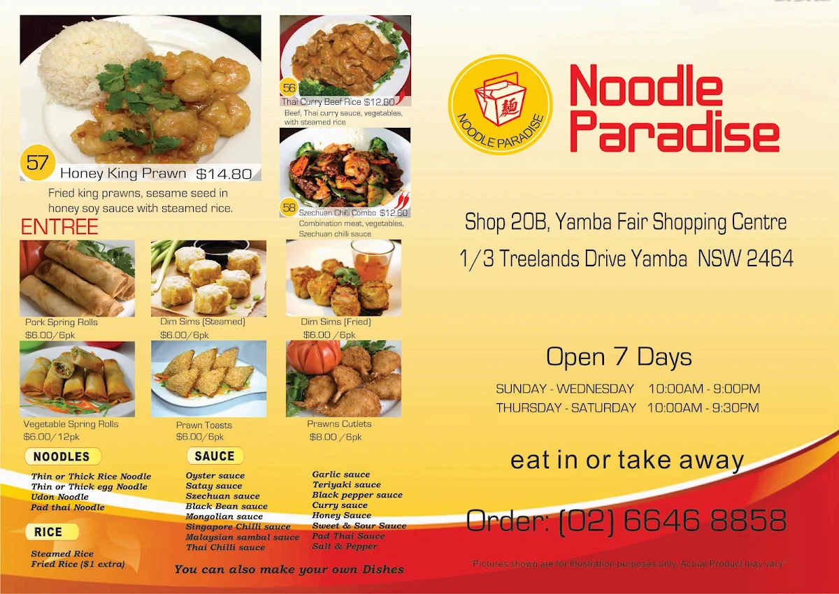 Menu, Noodle Paradise Yamba