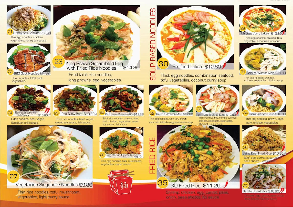 Menu, Noodle Paradise Yamba