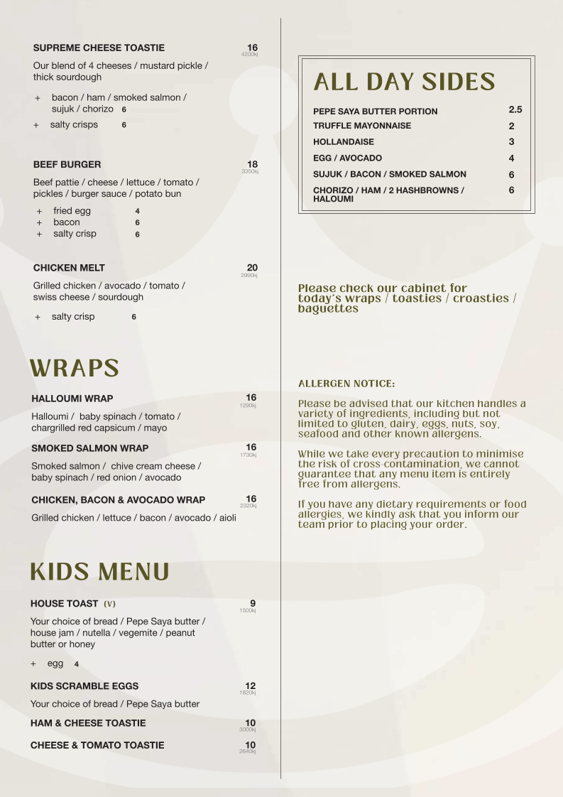 Menu, The Coffee Emporium Sydney Westfield