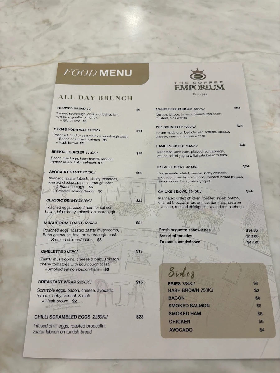 Menu, The Coffee Emporium Sydney Westfield