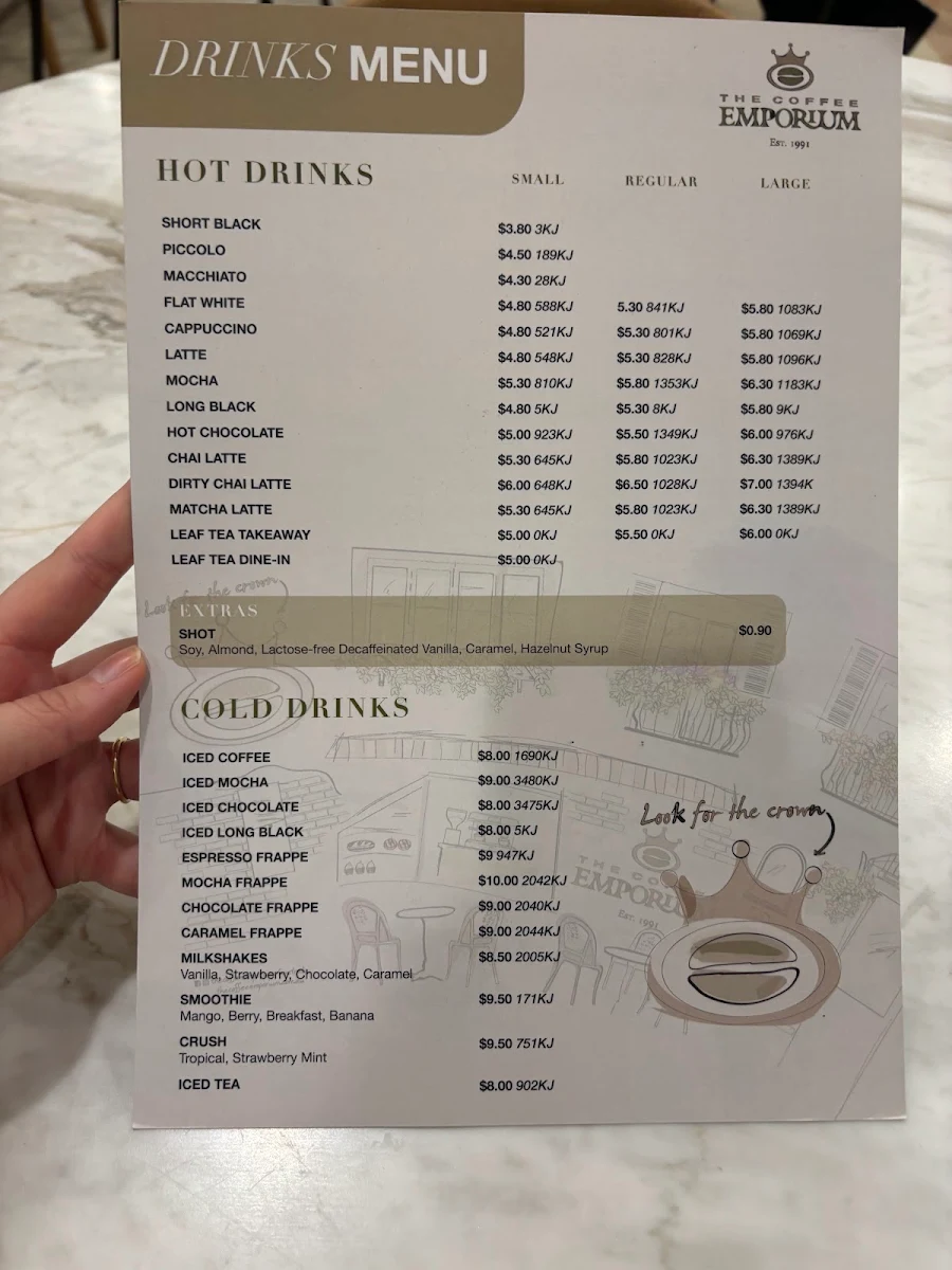 Menu, The Coffee Emporium Sydney Westfield